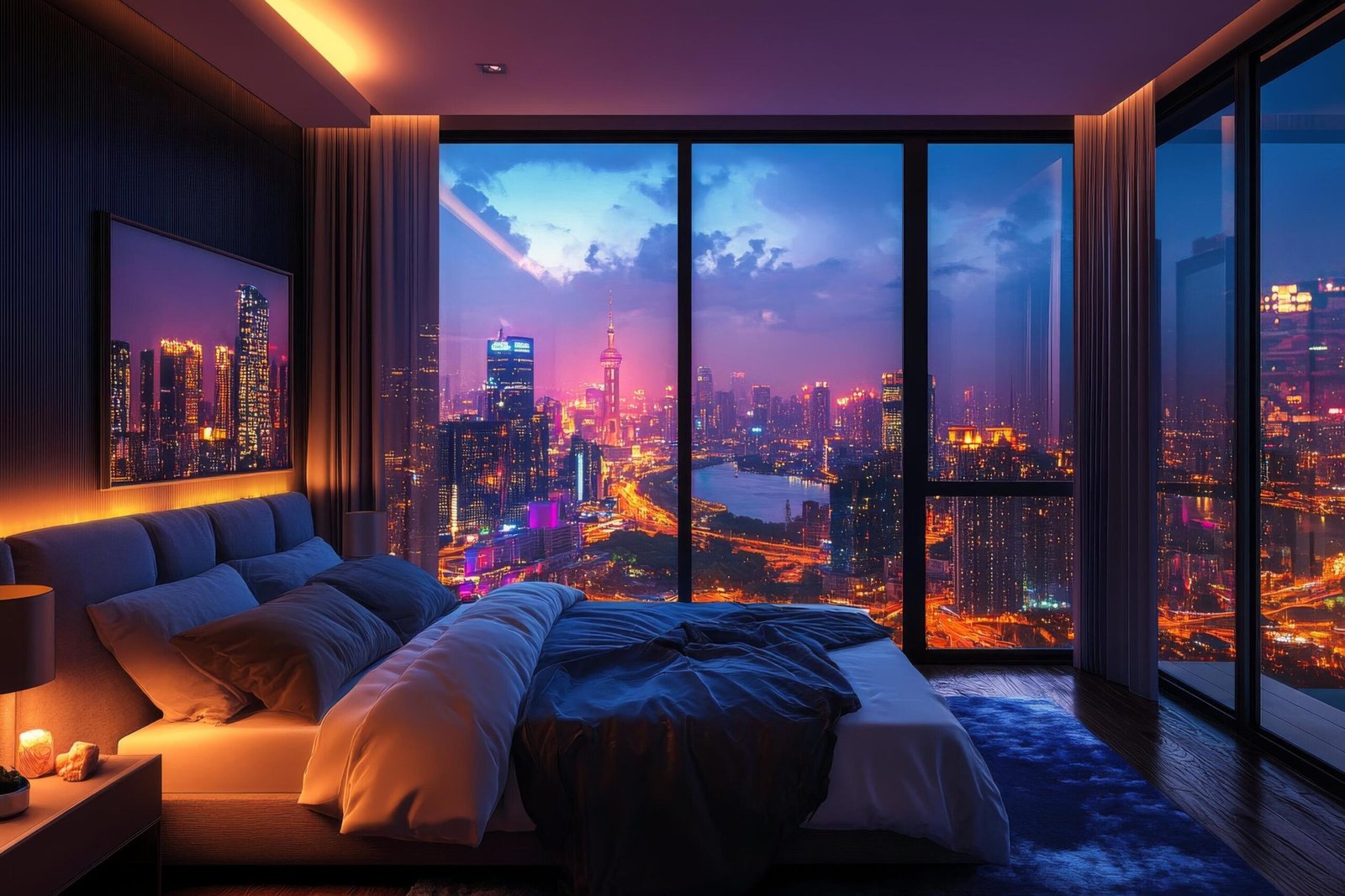 luxurious bedroom with city skyline view at night in a modern high rise building free photo